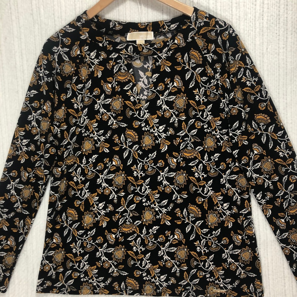 Michael Kors Floral Print‎ Keyhole Blouse Long Sleeve Top Black Women's Size S